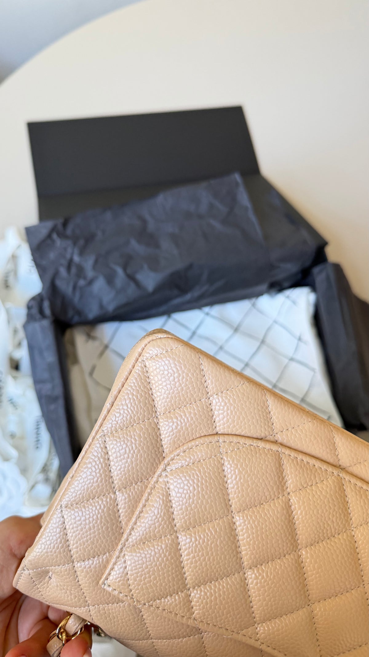 Chanel small classic flapbag caviar beige