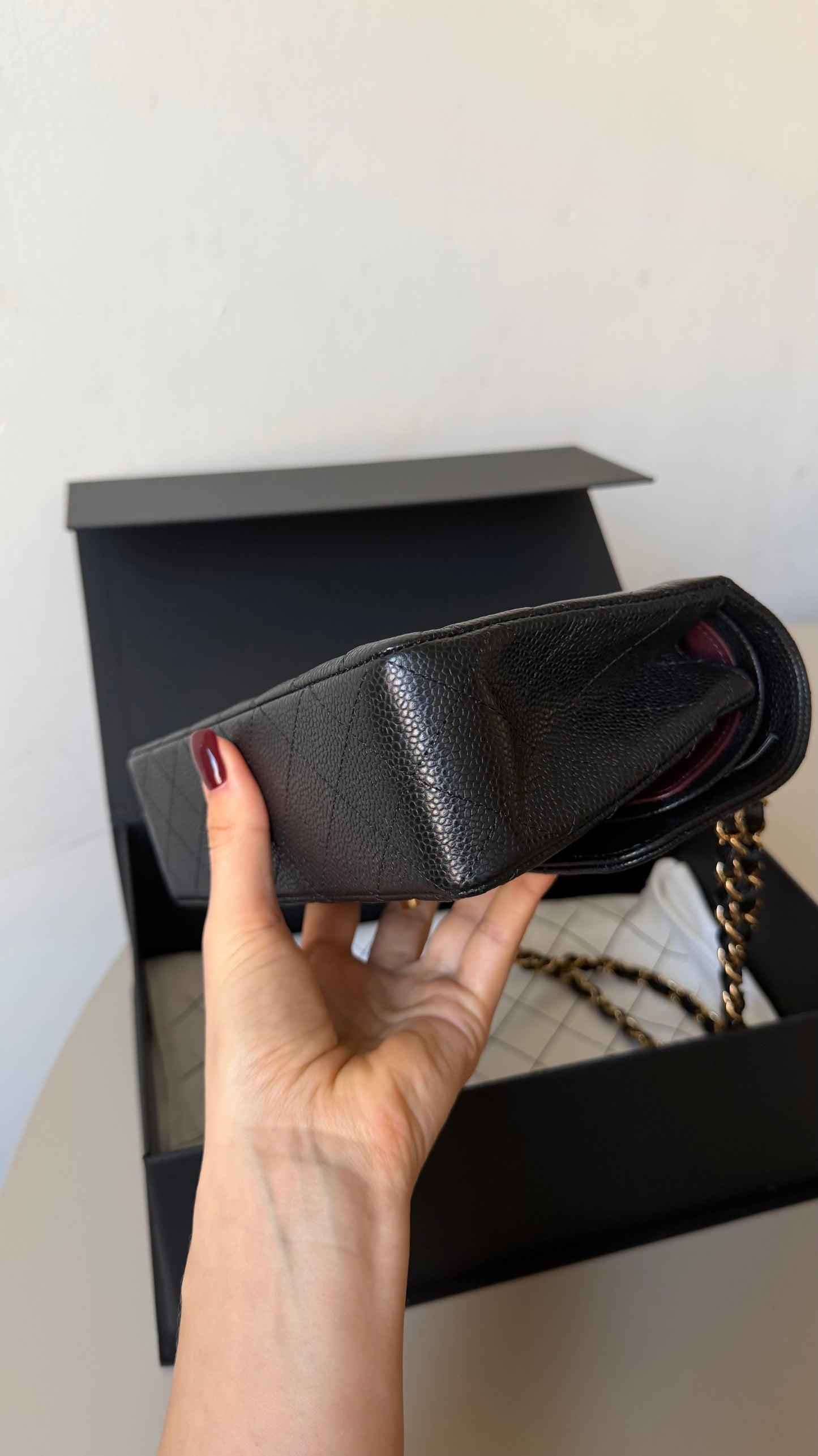 Chanel small classic flap black caviar with chip
