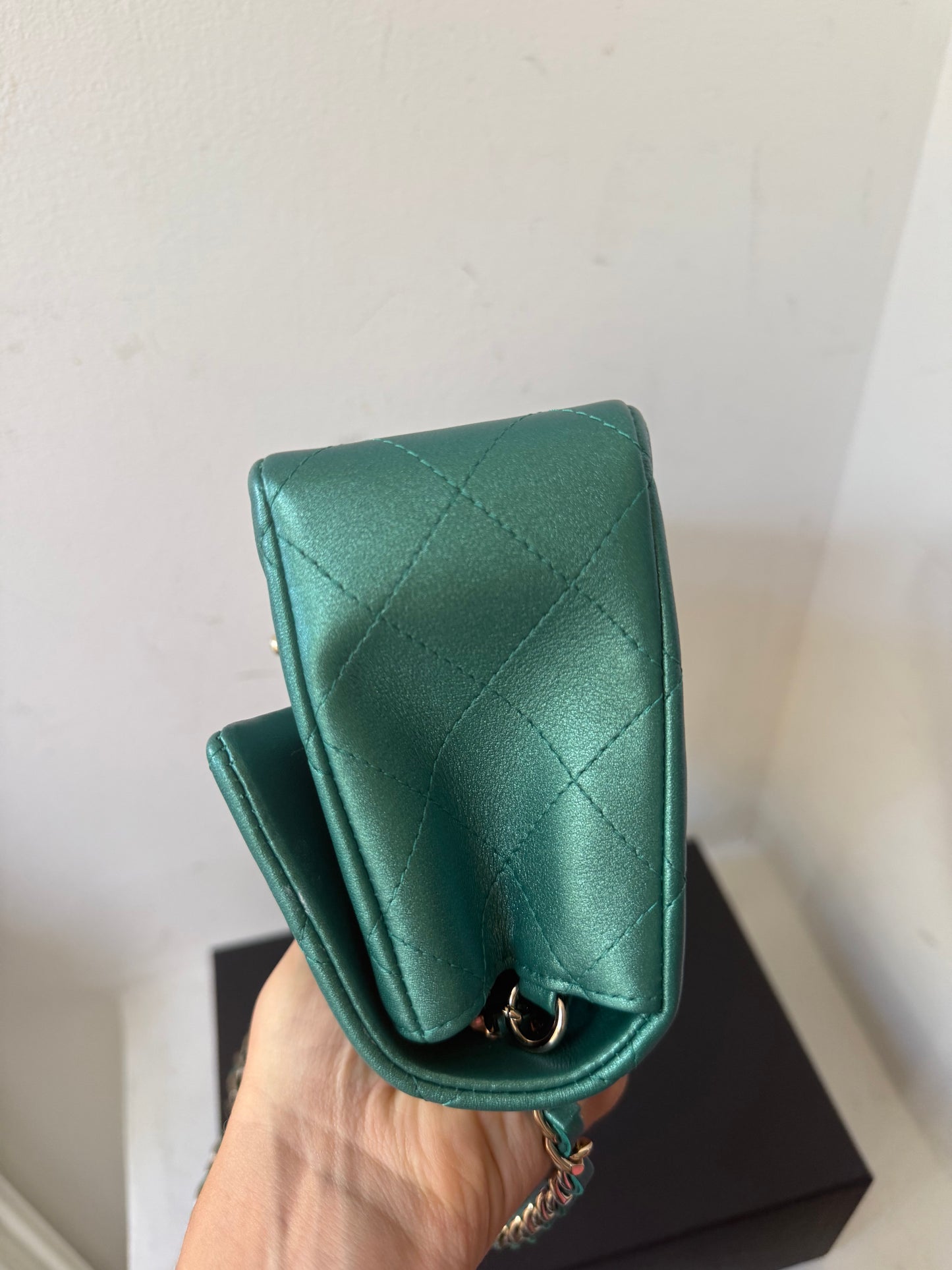 Chanel green emerald mini lambskin flap
