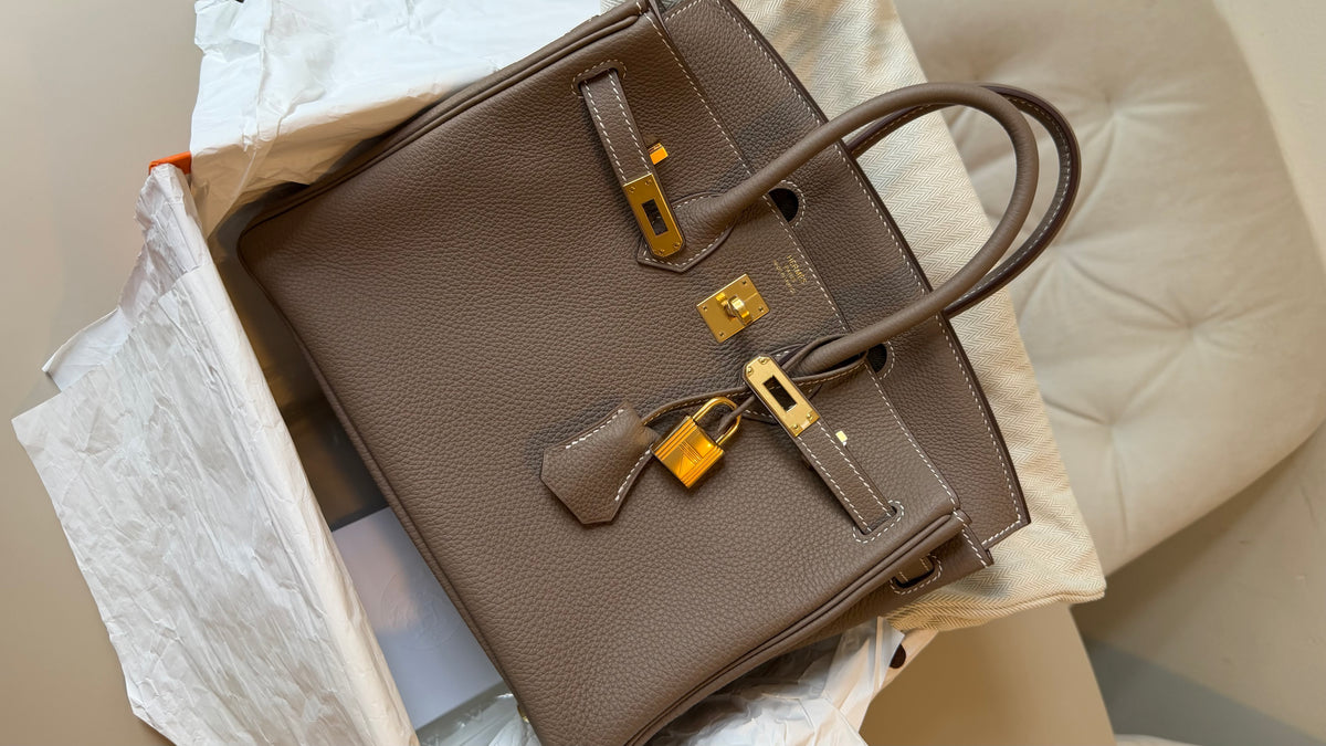 Birkin 25 etoupe Togo with gold hardware stamp D full set with receipt