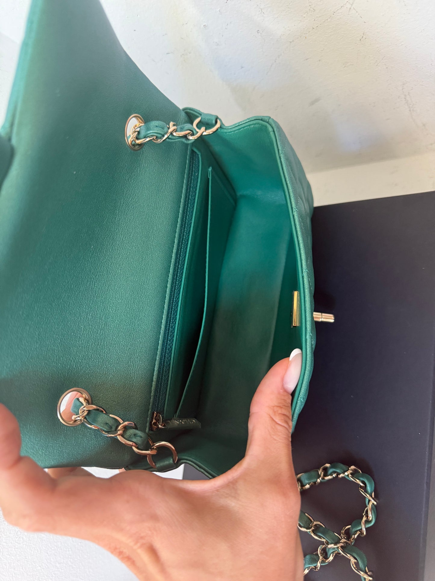 Chanel green emerald mini lambskin flap