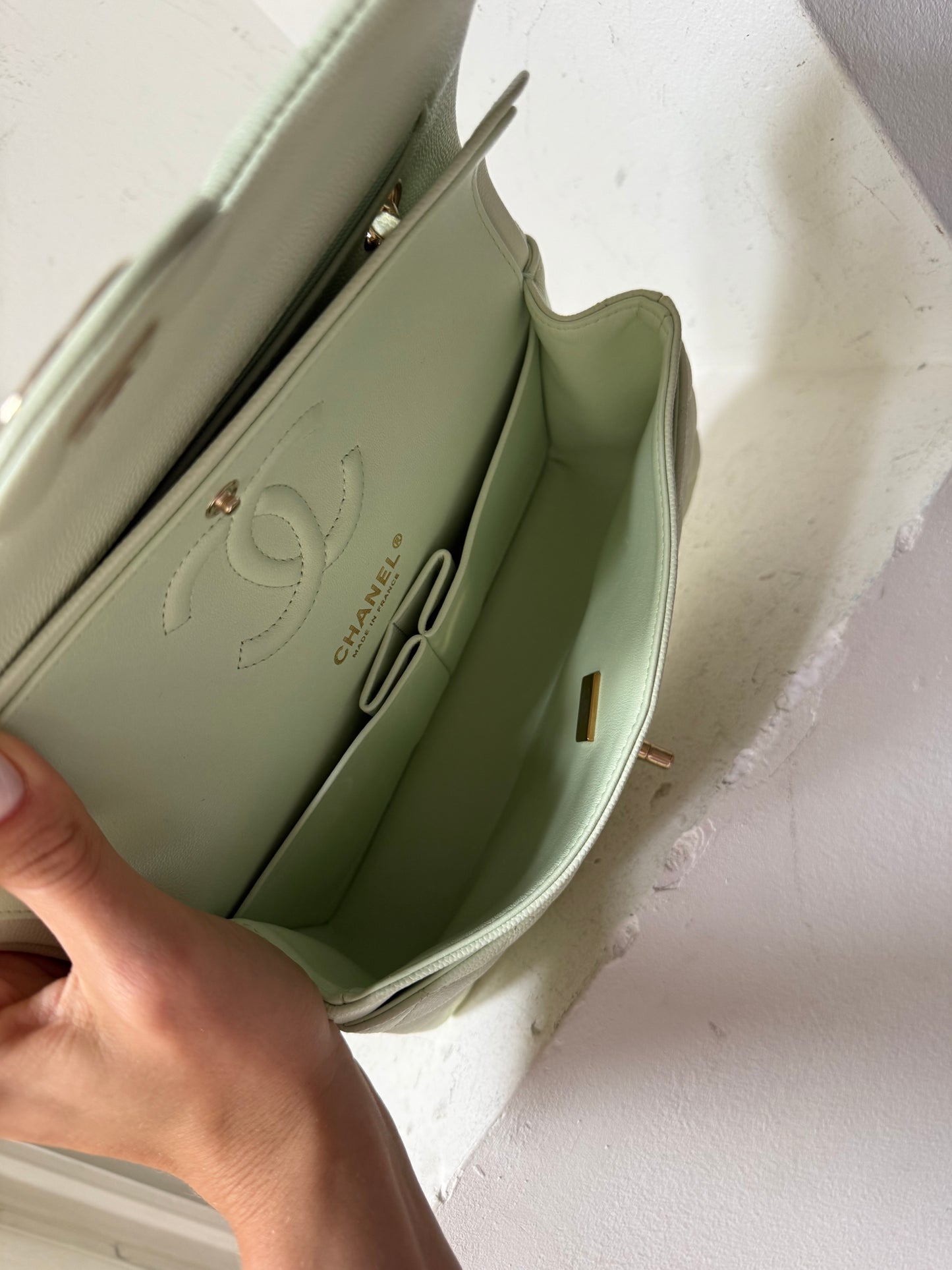 Chanel small caviar mint green flapbag 2023