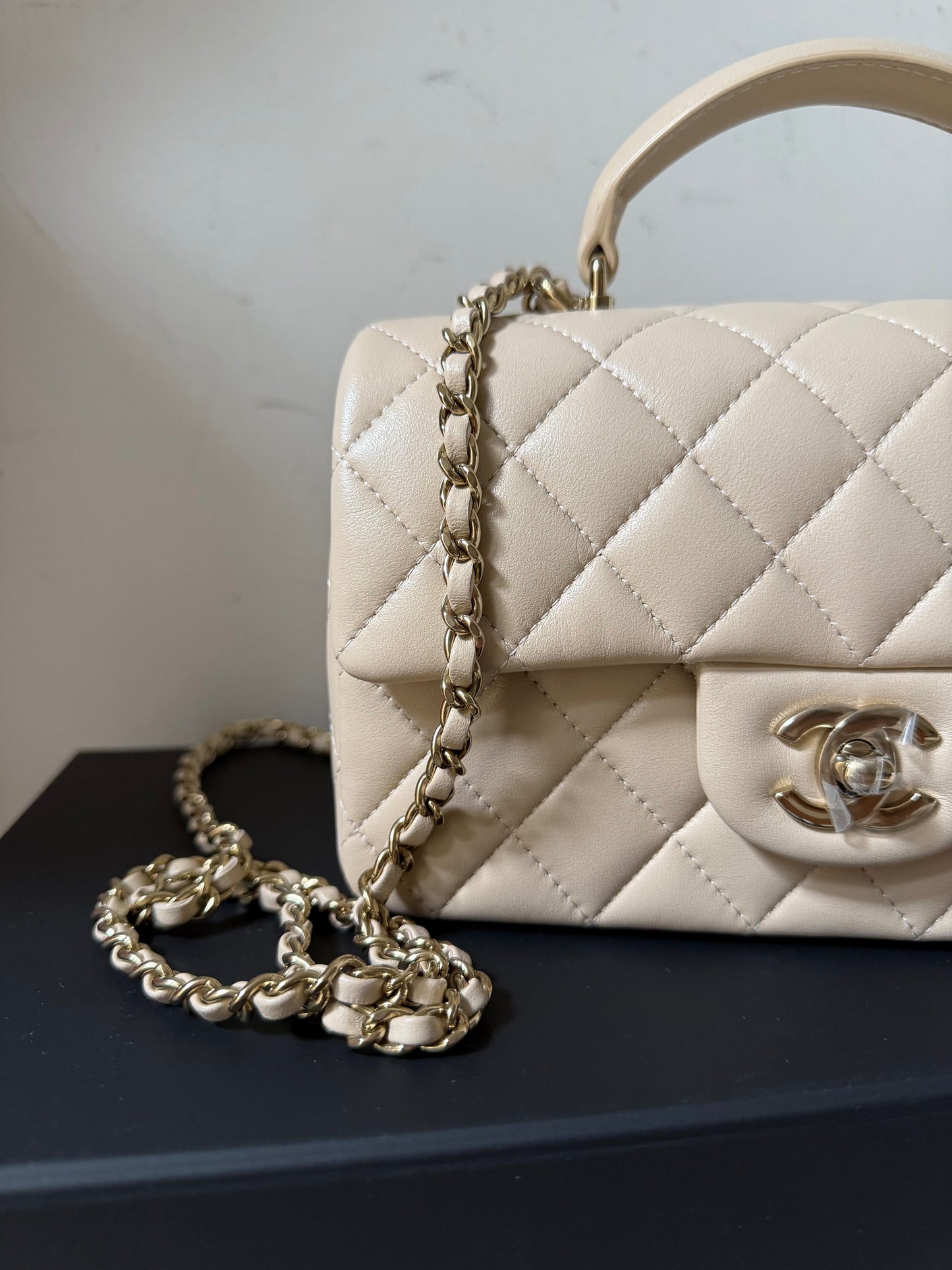 Chanel beige mini top handle lambskin new