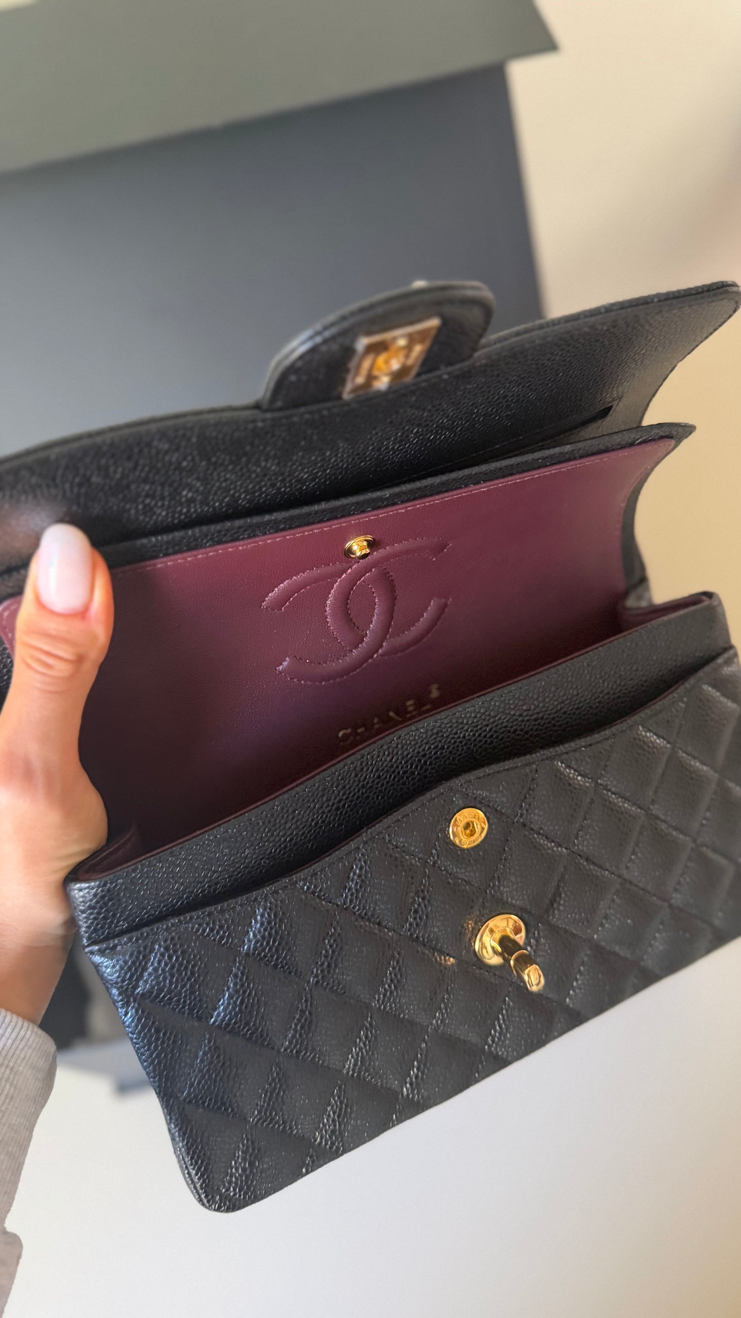 Chanel small double classic black flapbag caviar with chip