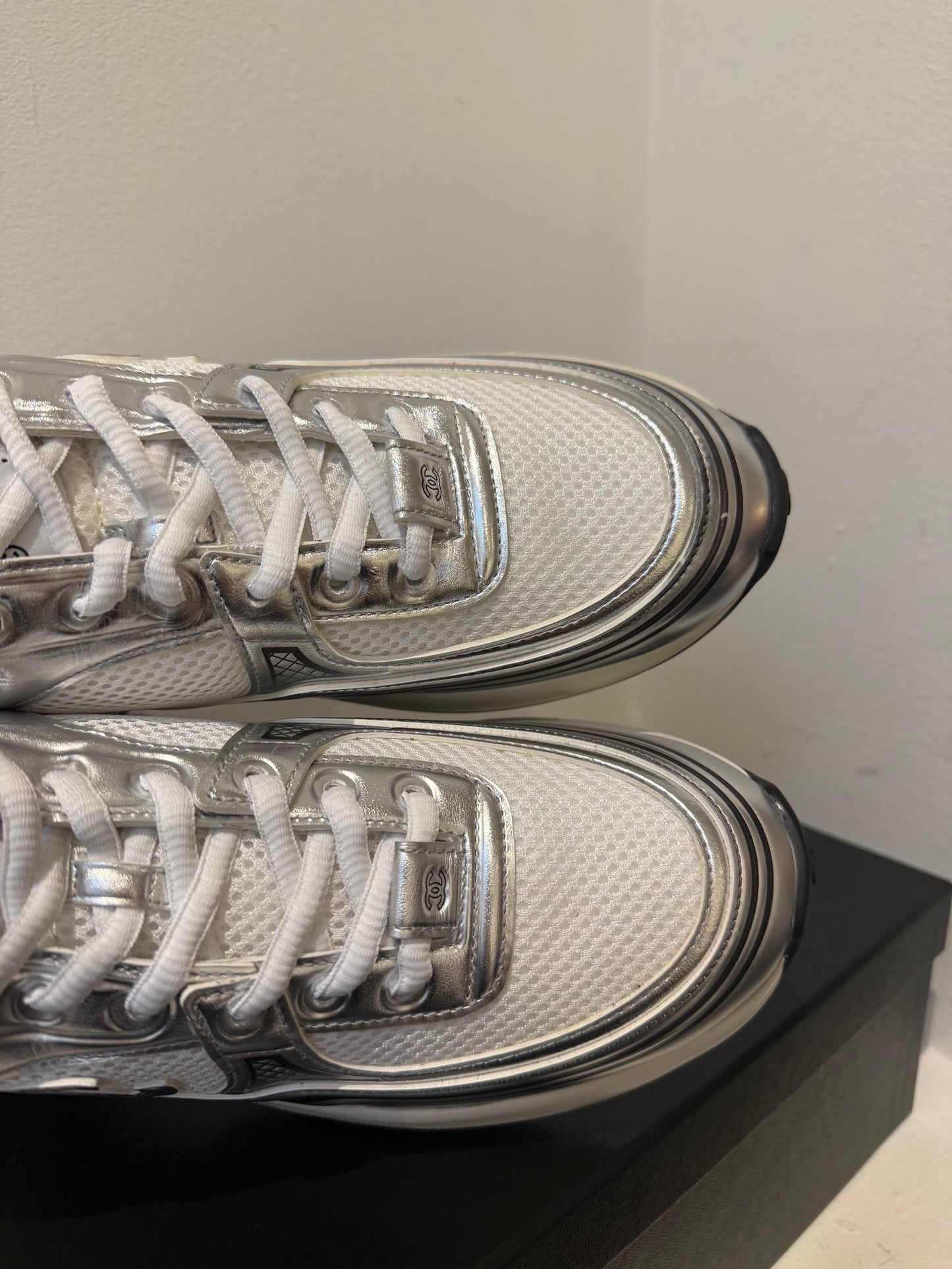 Chanel silver white sneakers 37.5