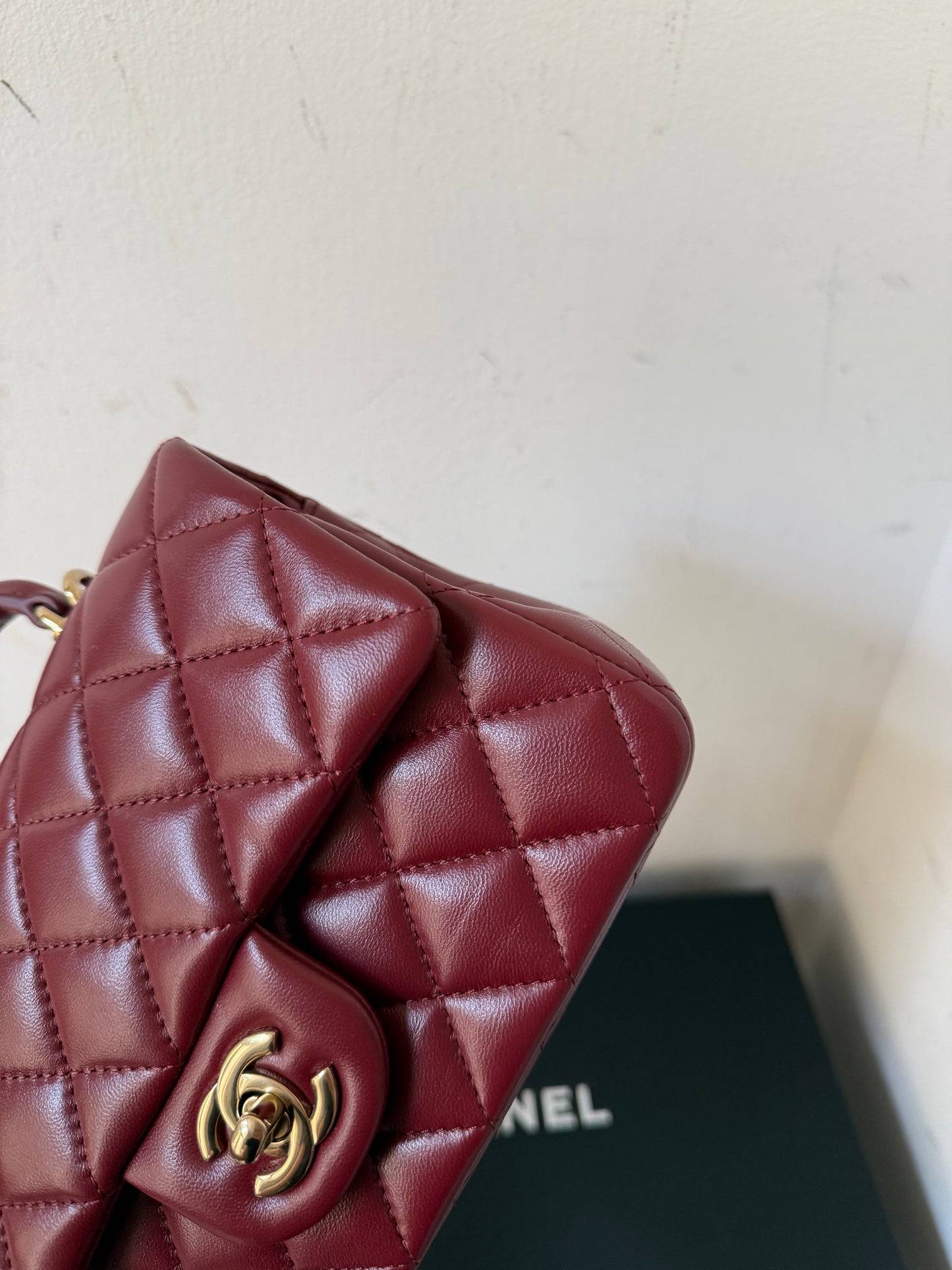 Chanel dark red mini lambskin top handle