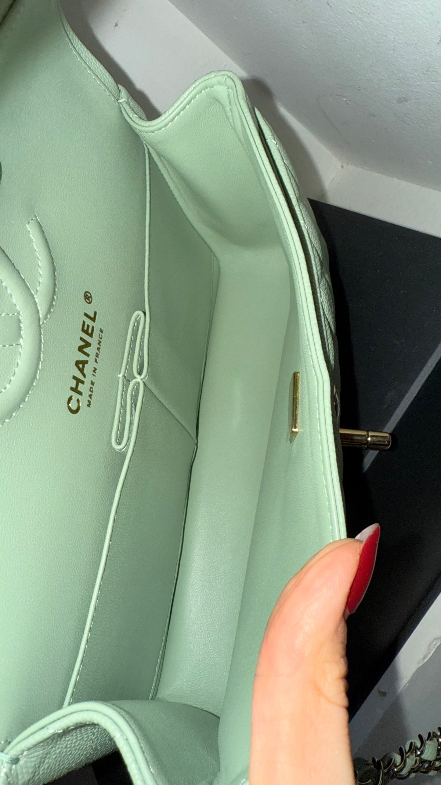 Chanel small flapbag caviar with chip in mint green color