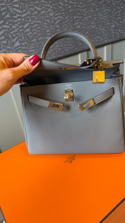Kelly 25 gris Meyer Togo leather stamp B