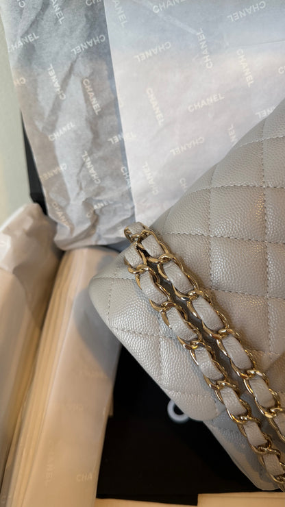 Chanel small light grey caviar flapbag chip