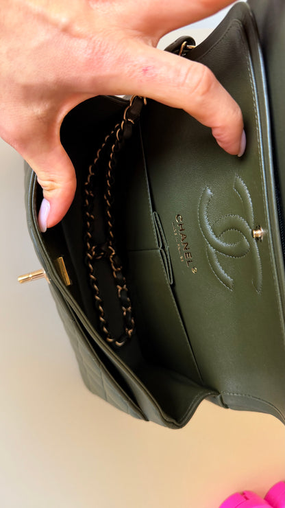 Chanel olive green lambskin small double flapbag full set