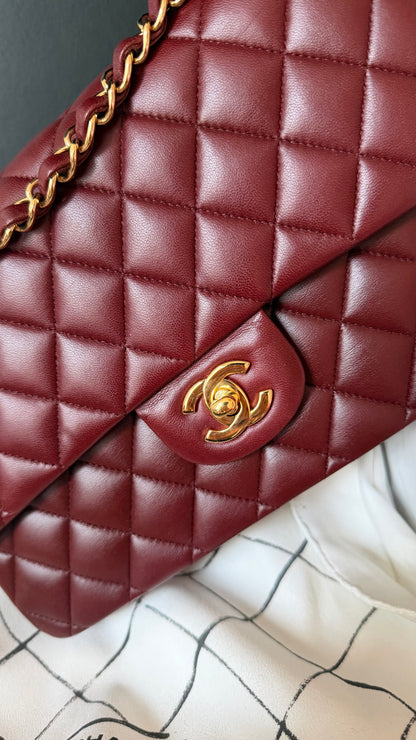 Chanel medium lambskin burgundy 21 series, full set with card and certificate