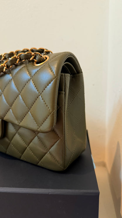 Chanel army green small lambskin double flapbag full set 2023