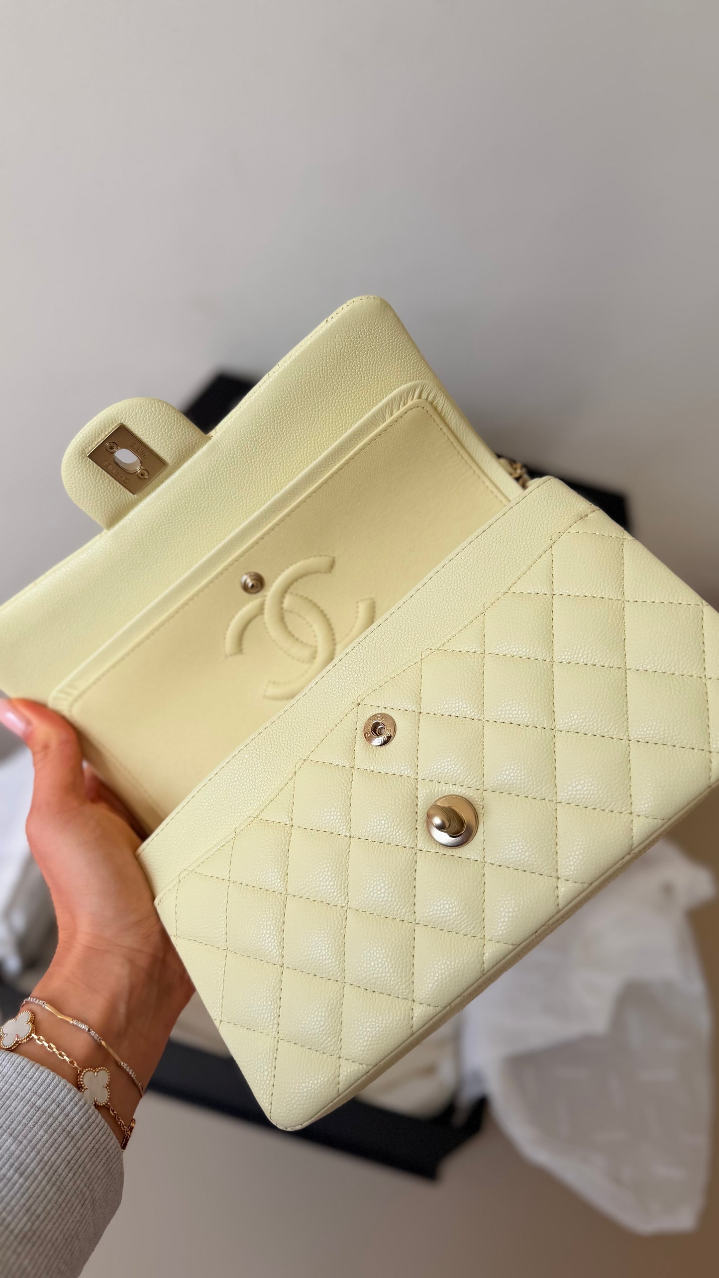 Chanel small butter yellow classic flapbag caviar