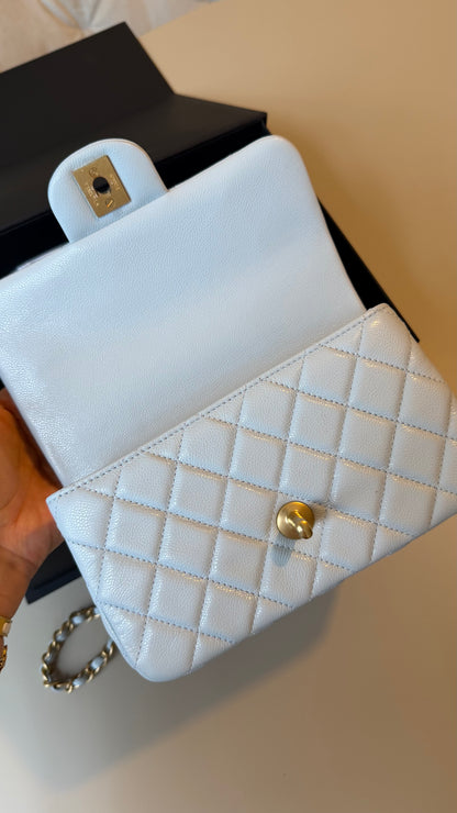 Chanel mini top handle baby blue caviar with chip- brand new