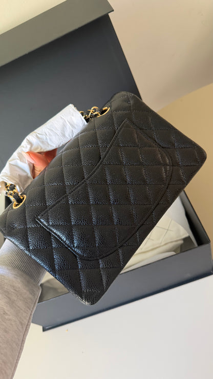 Chanel small double classic black flapbag caviar with chip