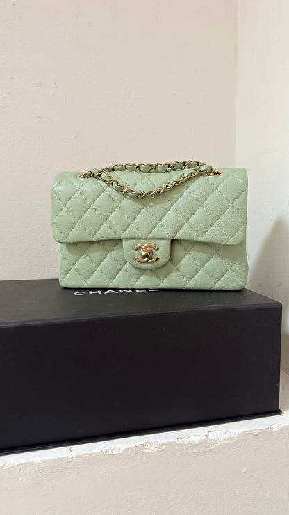 Chanel small flapbag caviar with chip in mint green color