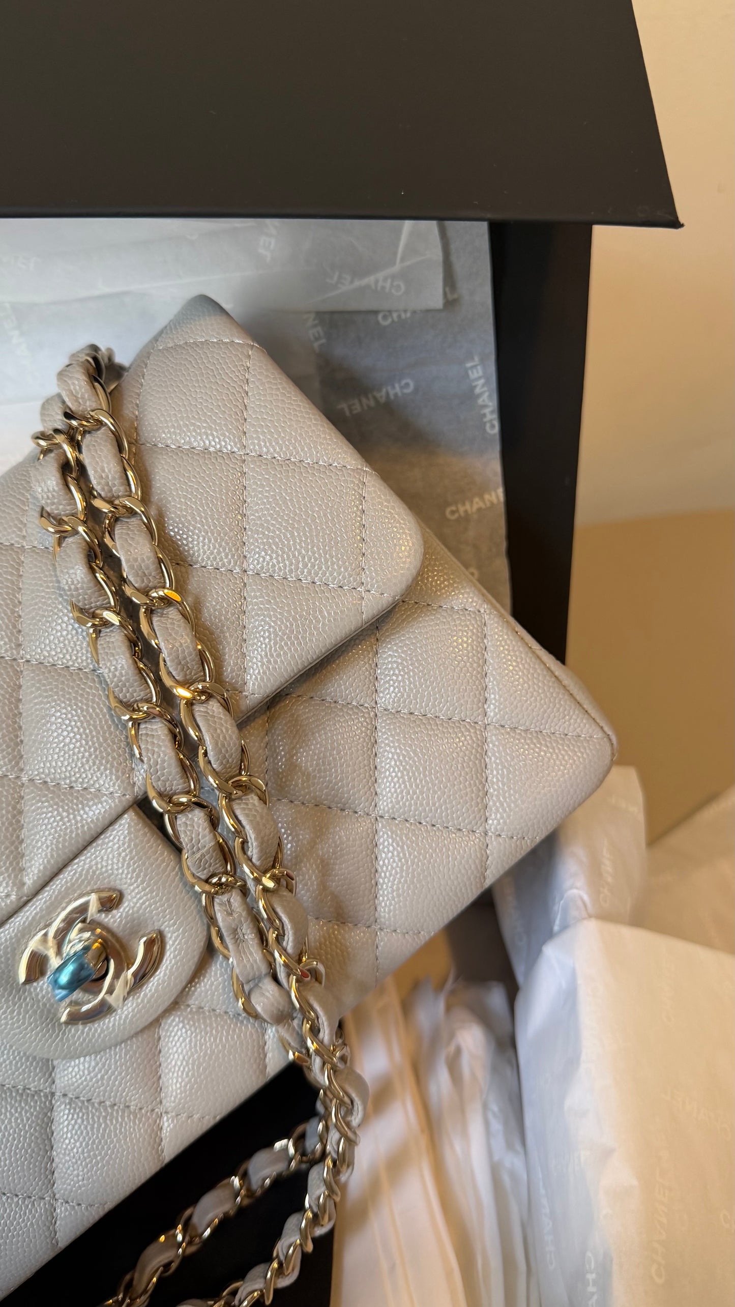 Chanel small light grey caviar flapbag chip