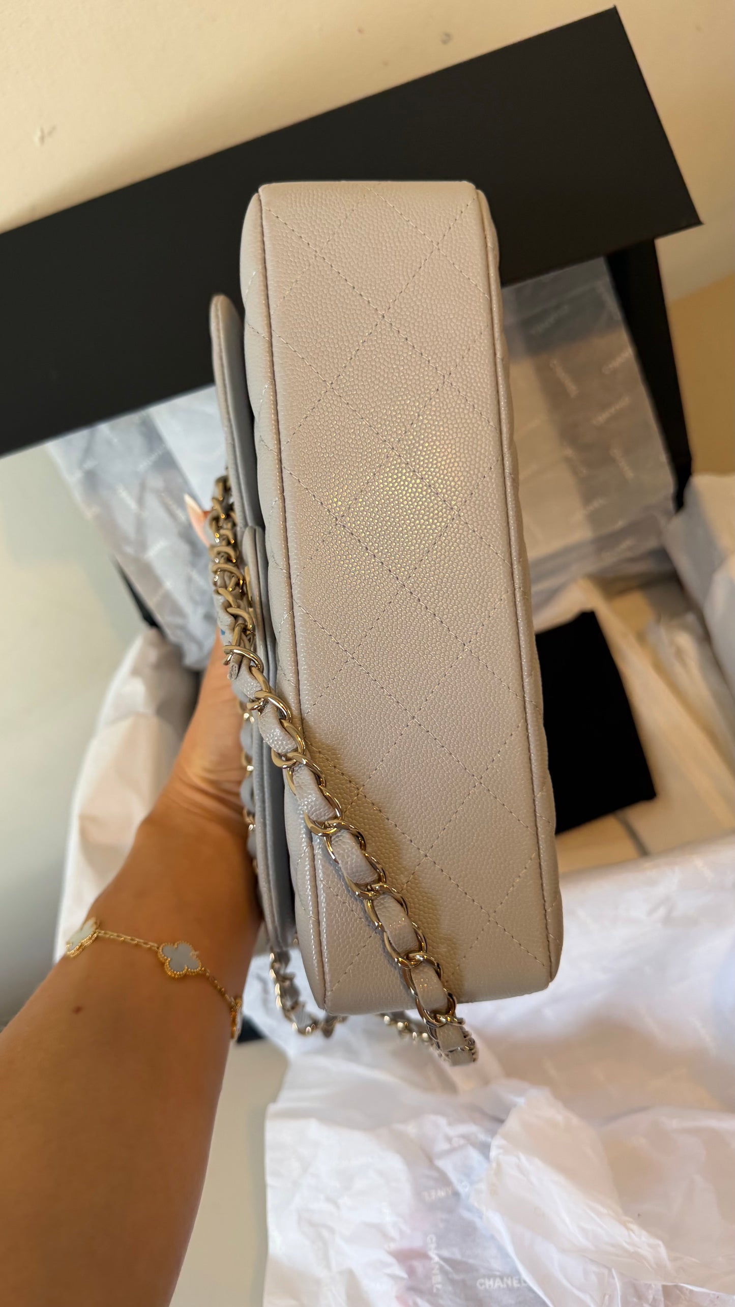 Chanel small light grey caviar flapbag chip