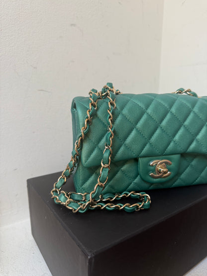 Chanel green emerald mini lambskin flap