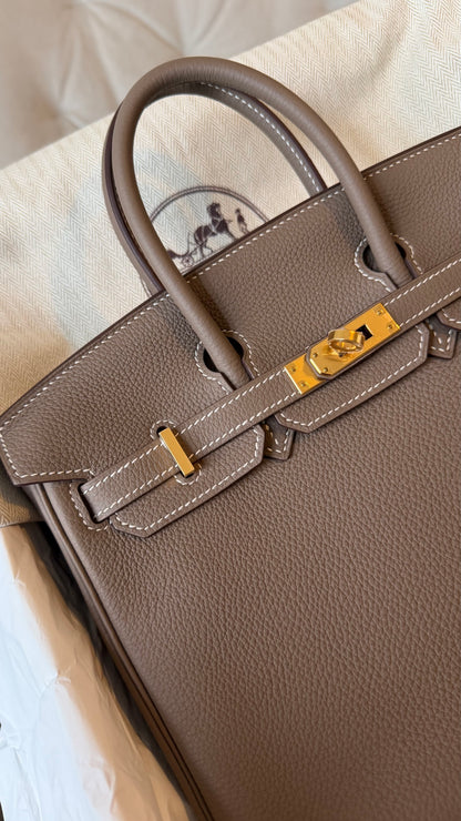 Birkin 25 etoupe Togo with gold hardware stamp D full set with receipt