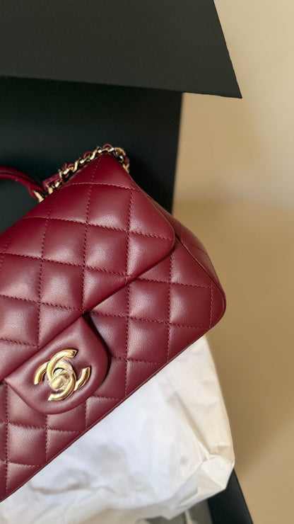 Chanel mini top handle burgundy new full set