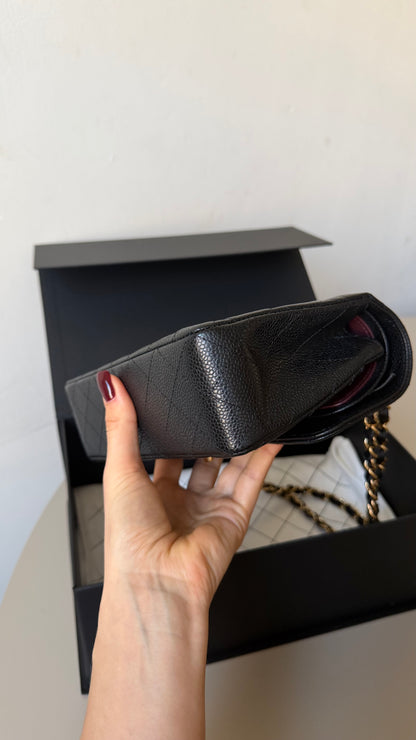 Chanel small classic flap black caviar with chip