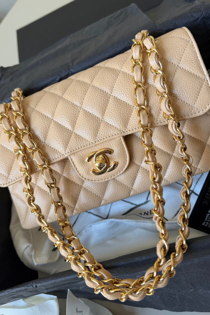 Chanel small classic flapbag caviar beige