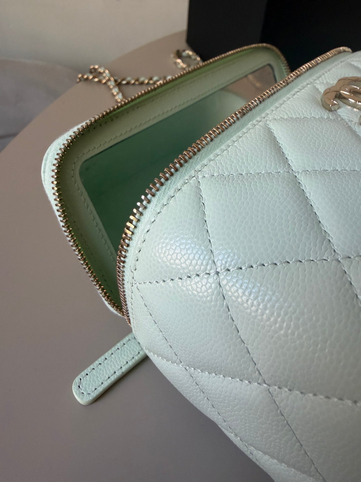 Chanel mint green caviar vanity case