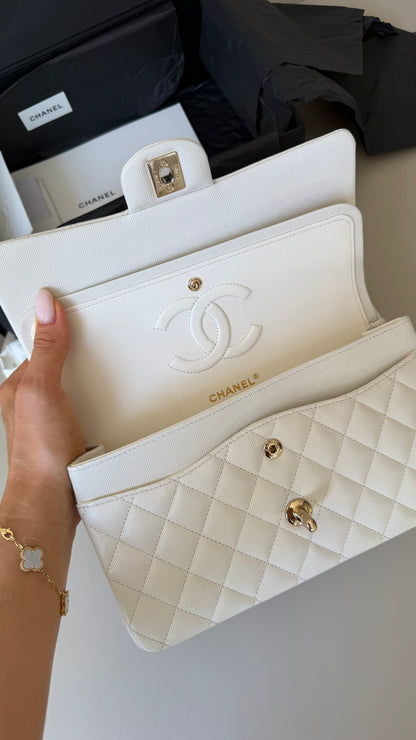 Chanel medium caviar double classic flapbag white full set 2021 chip