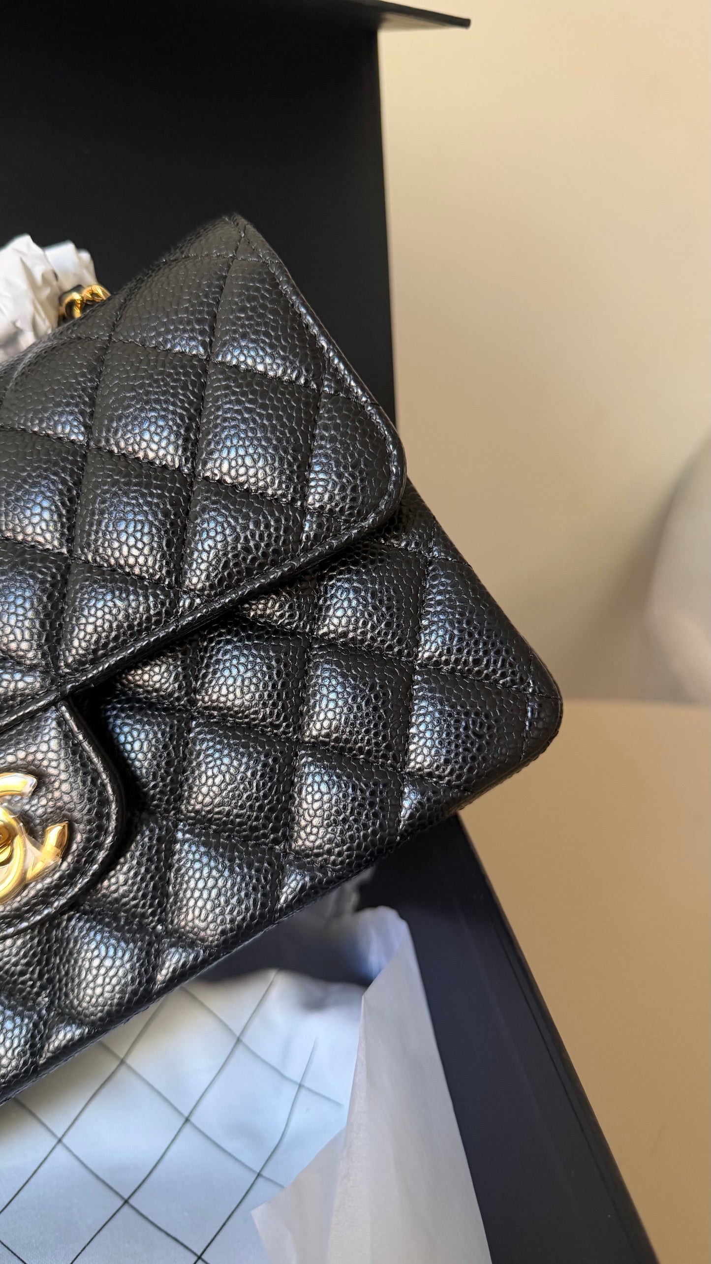 Chanel small double classic black flapbag caviar with chip