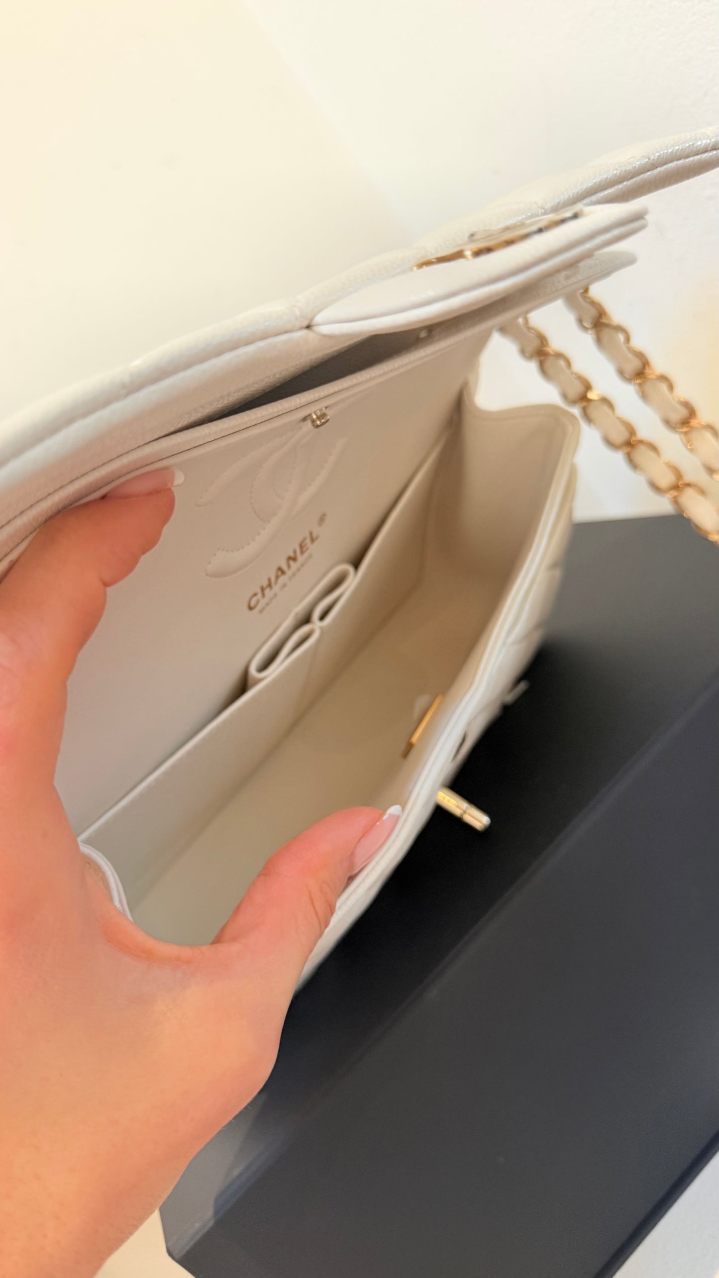 Chanel small white caviar double flapbag chip like new