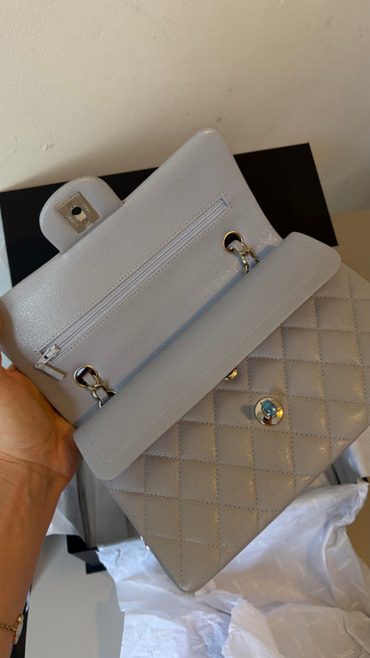 Chanel small light grey caviar flapbag chip