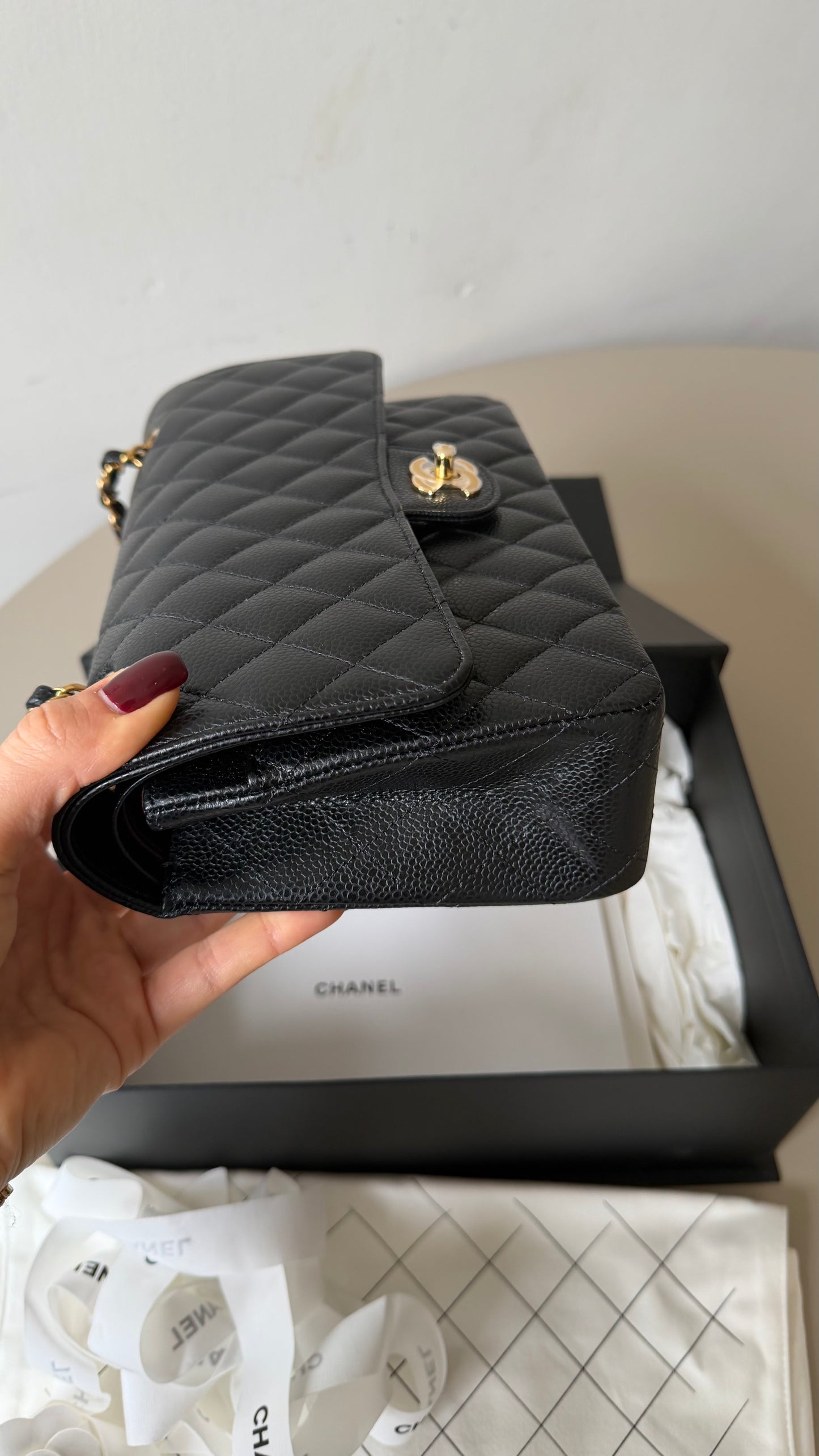 Chanel medium caviar double flapbag with chip