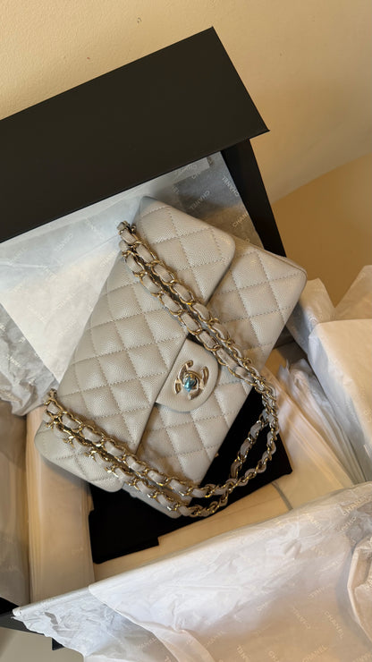 Chanel small light grey caviar flapbag chip