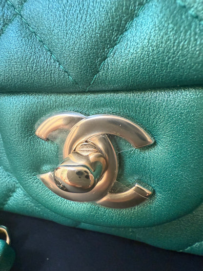 Chanel green emerald mini lambskin flap