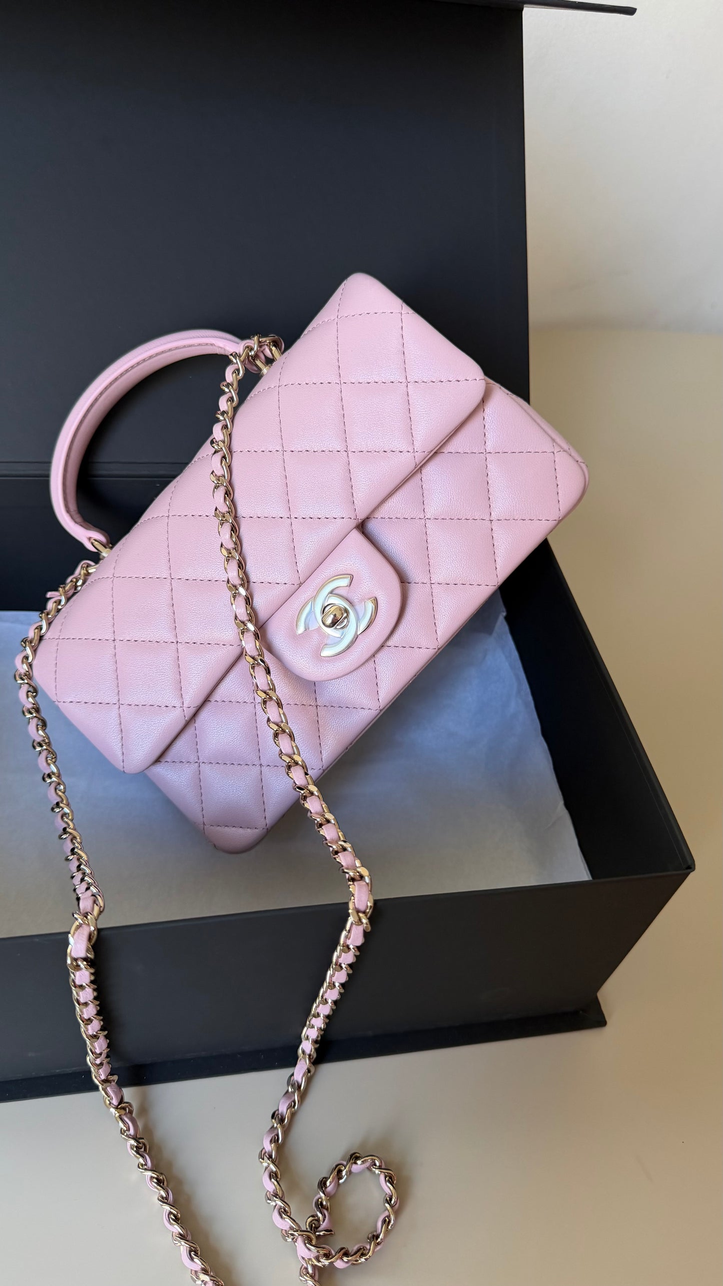 Chanel pink mini top handle with chip