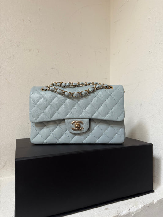 Chanel classic flapbag small caviar babyblue with chip