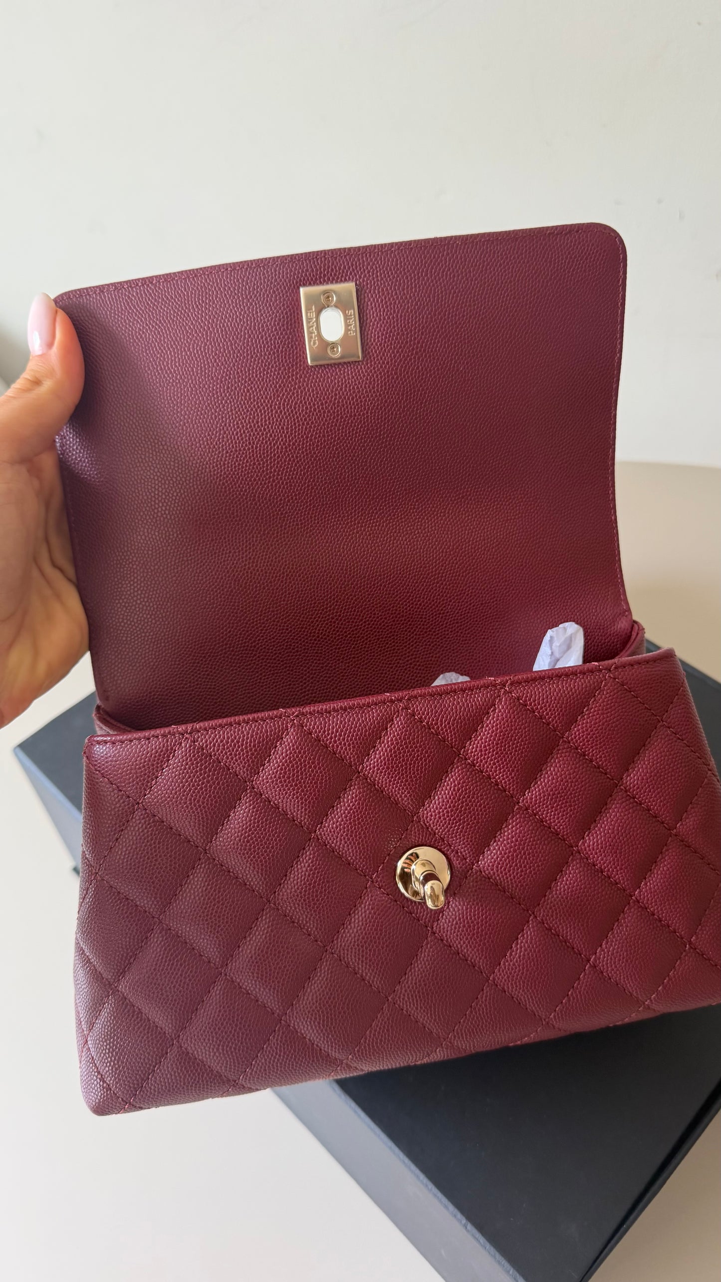 Chanel small Coco top handle burgundy caviar with chip