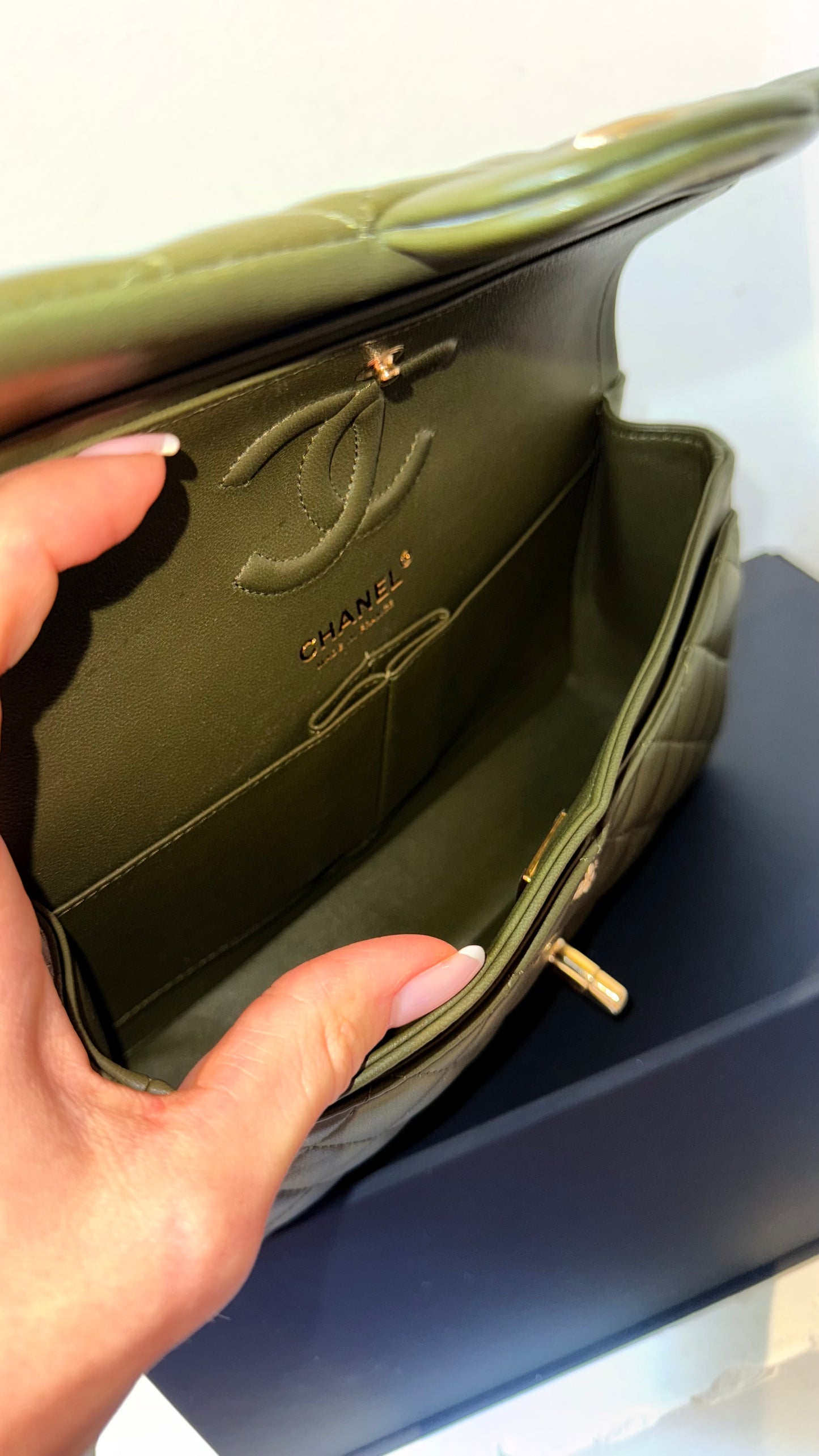 Chanel army green small lambskin double flapbag full set 2023