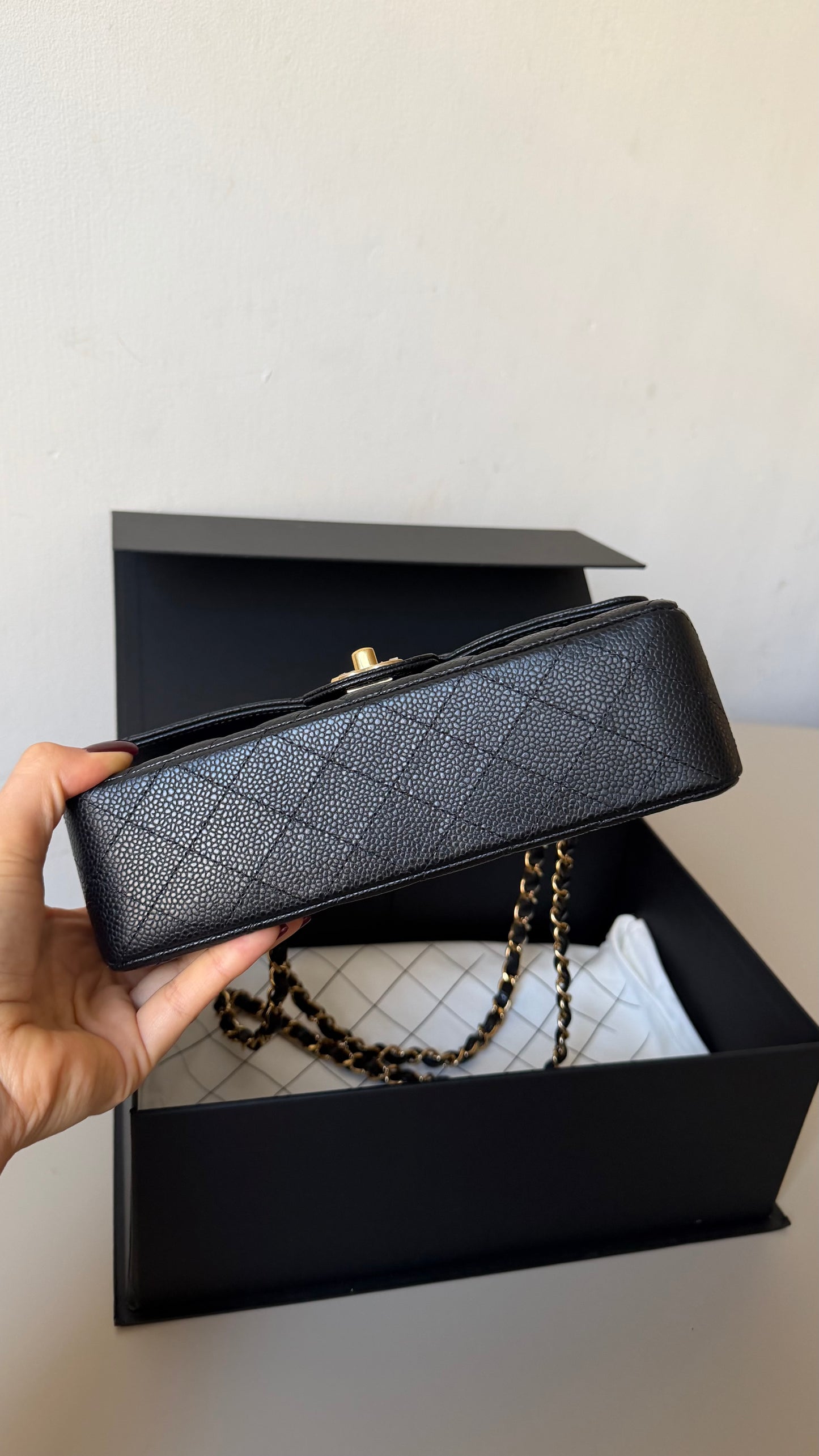Chanel small classic flap black caviar with chip