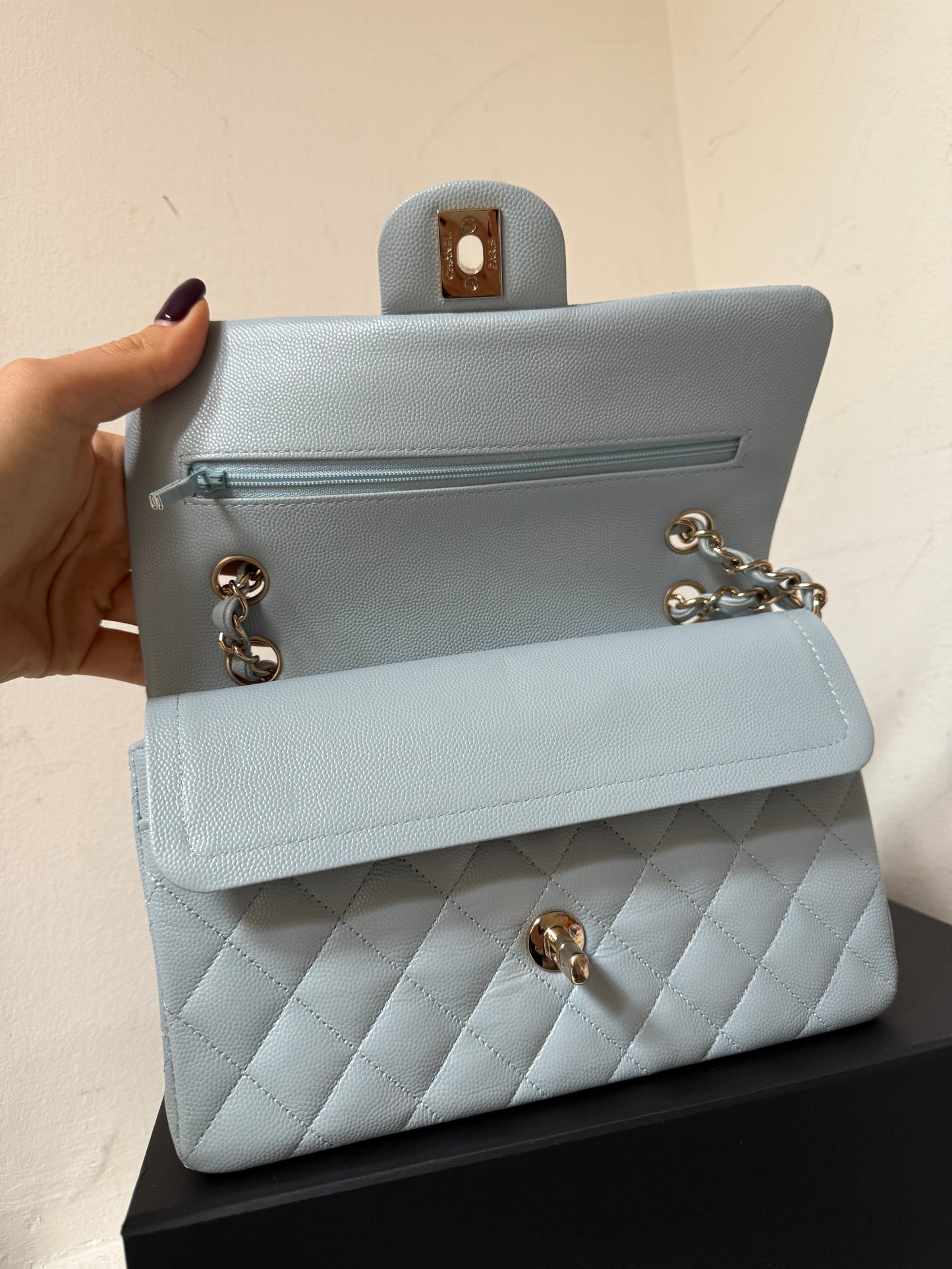 Chanel classic flapbag small caviar babyblue with chip