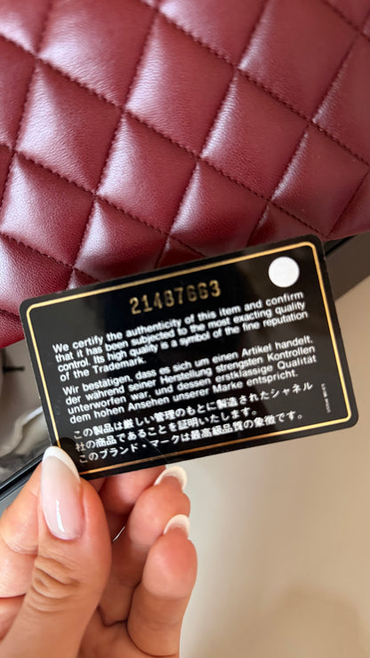 Chanel medium lambskin burgundy 21 series, full set with card and certificate