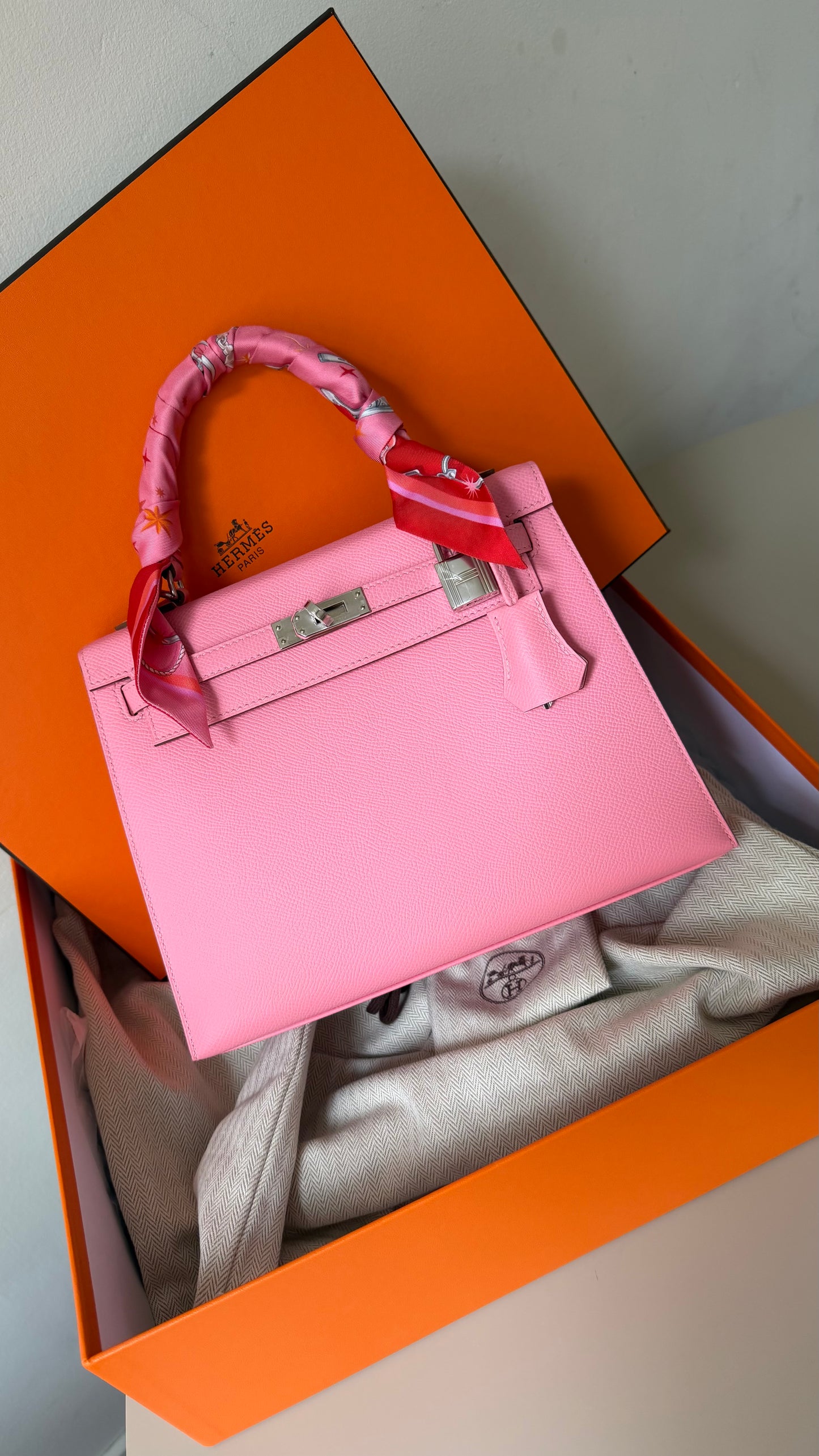 Kelly 25 rose confetti Epsom leather palladium hardware stamp Y full set