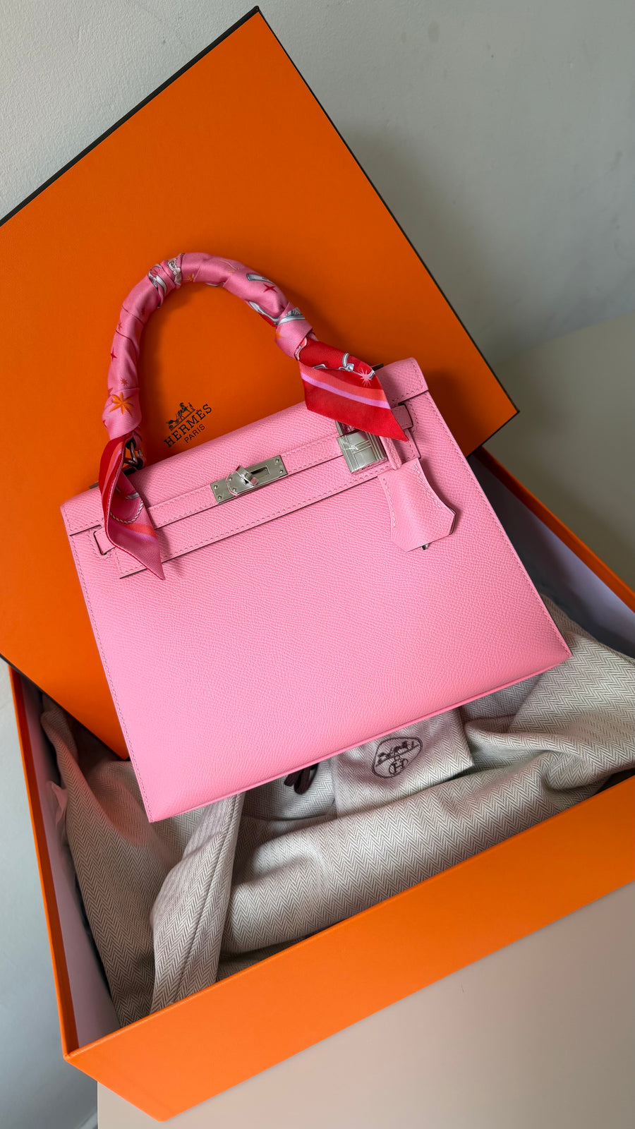 Kelly 25 rose confetti Epsom leather palladium hardware stamp Y full set