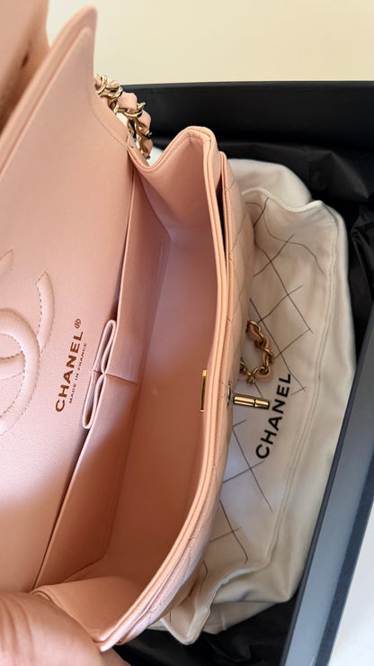 Light beige small caviar double flapbag with chip