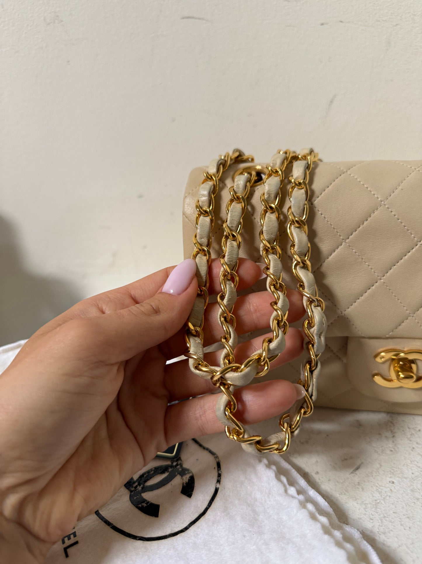 Small vintage cream lambskin classic flapbag 2 series