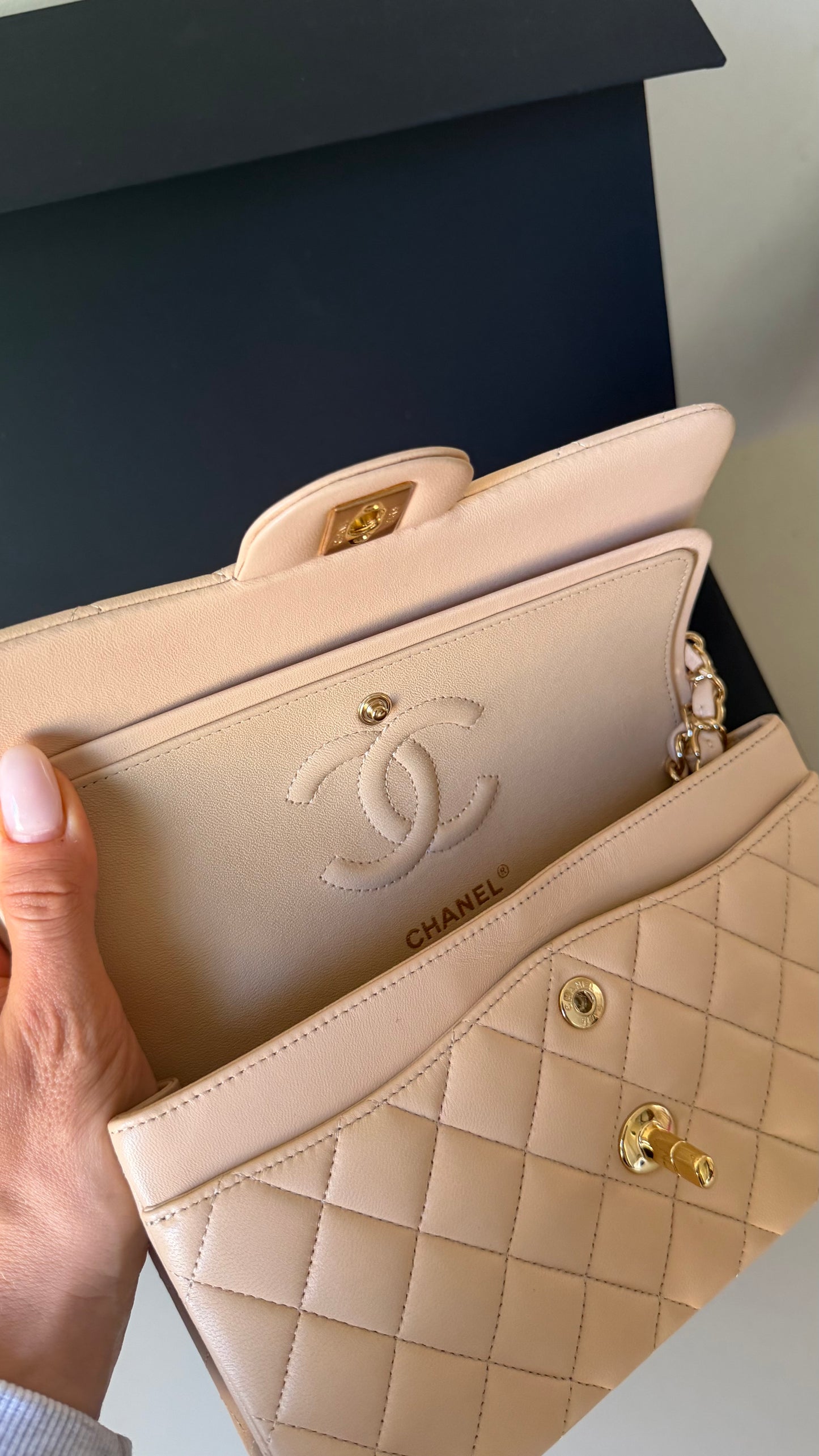 Chanel lambskin small classic double flapbag with chip and invoice