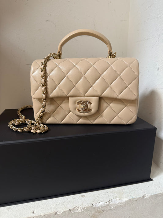Chanel beige mini top handle lambskin new