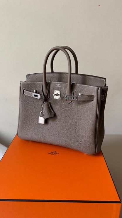 Hermes Birkin 25 etoupe togo leather palladium hardware stamp G