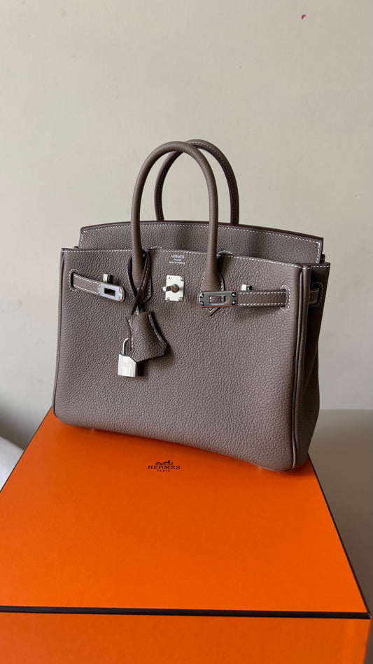 Hermes Birkin 25 etoupe togo leather palladium hardware stamp G